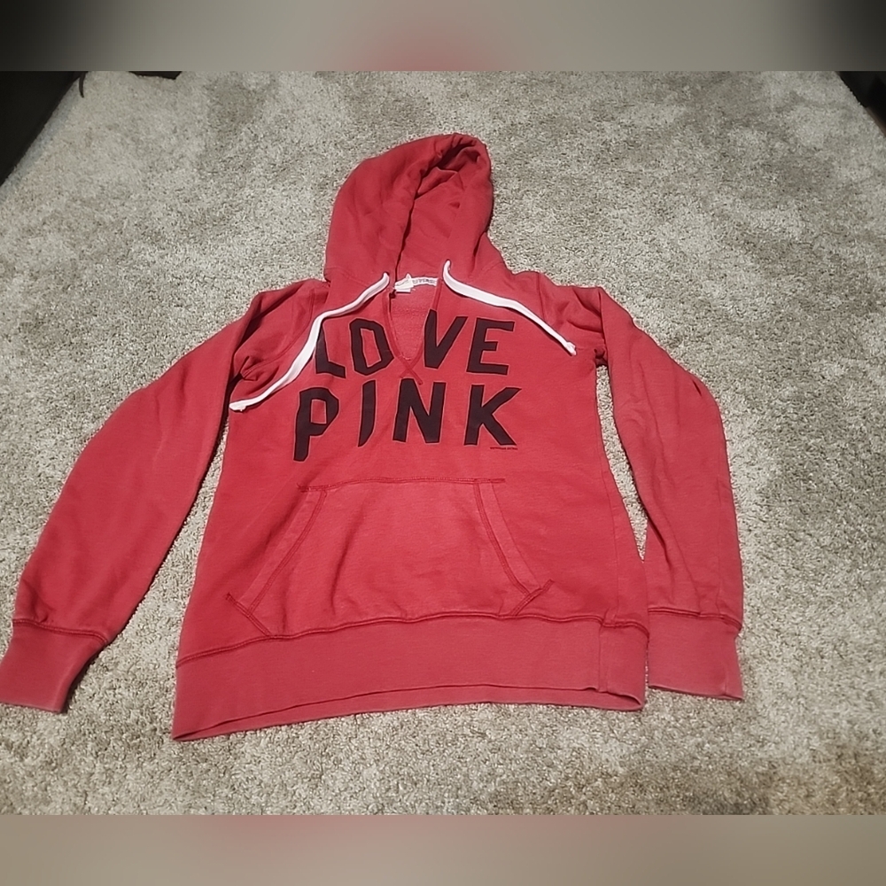 Pink Victorias Secret Women Sweatshirt Small Red Hoodie Logo Long Sleeve V Neck